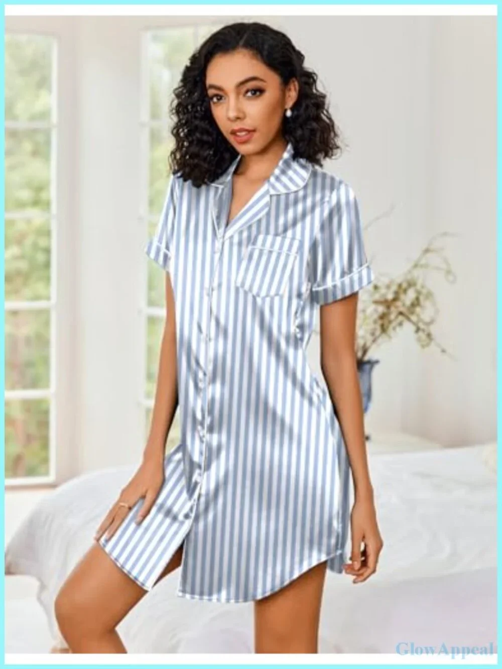 Satin Nightgown Short Sleeve Button Down Sleepshirt Women